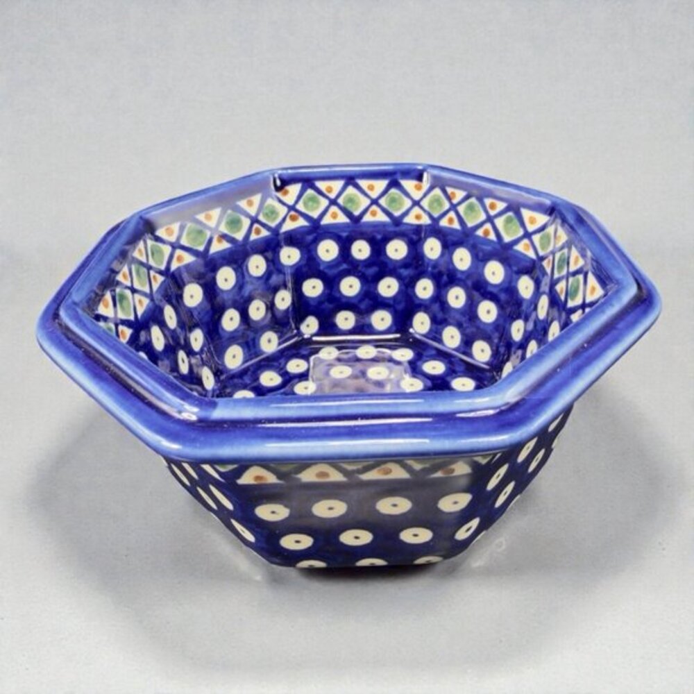 Boleslawiec Handmade in Poland Sided 6inch Bowl Dish Blue Green Red Dots Peacock